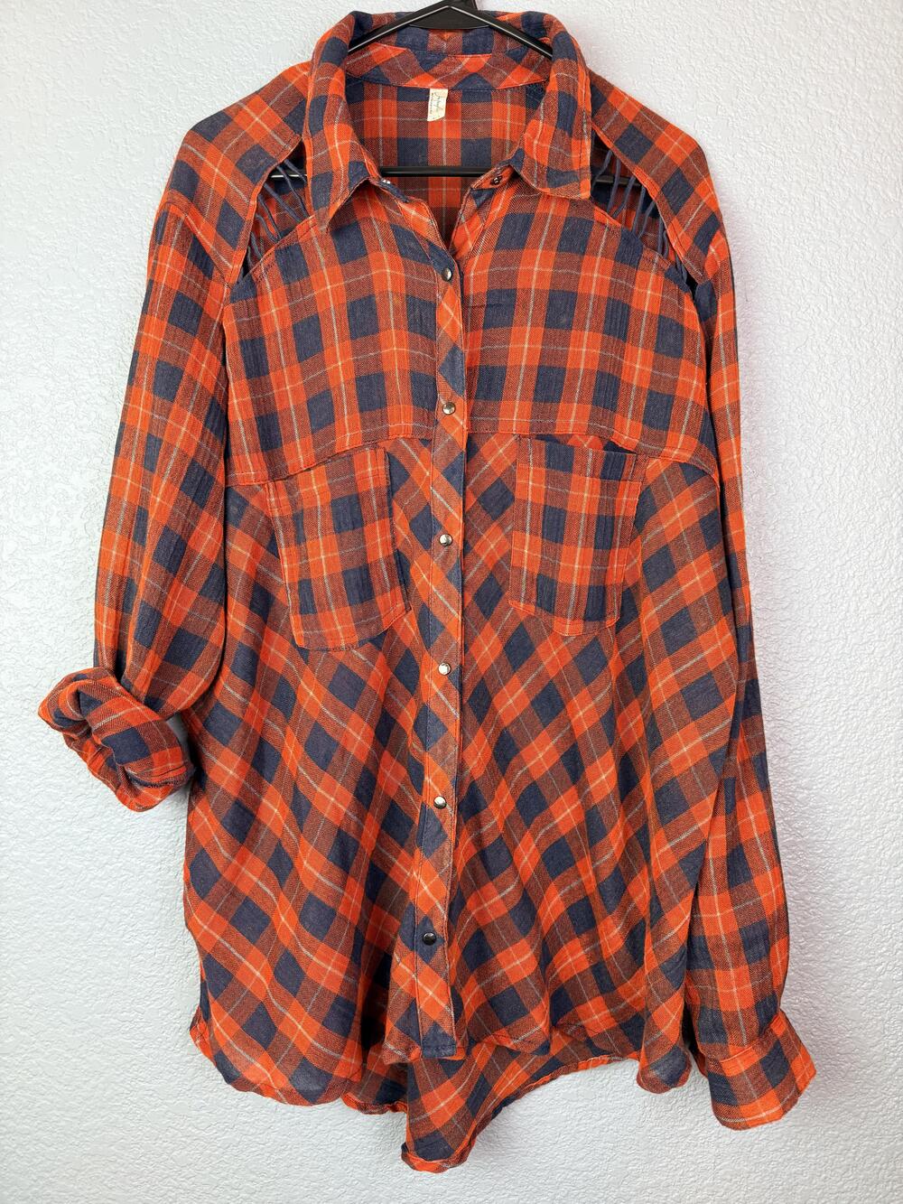 Free People Shirt Womens Large Orange Plaid Open Shoulder Long Sleeve Top